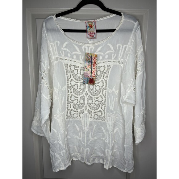 Johnny Was Tops - Johnny Was NWT White Embroidered Tunic Blouse 3/4 Sleeve Boat Neck Large